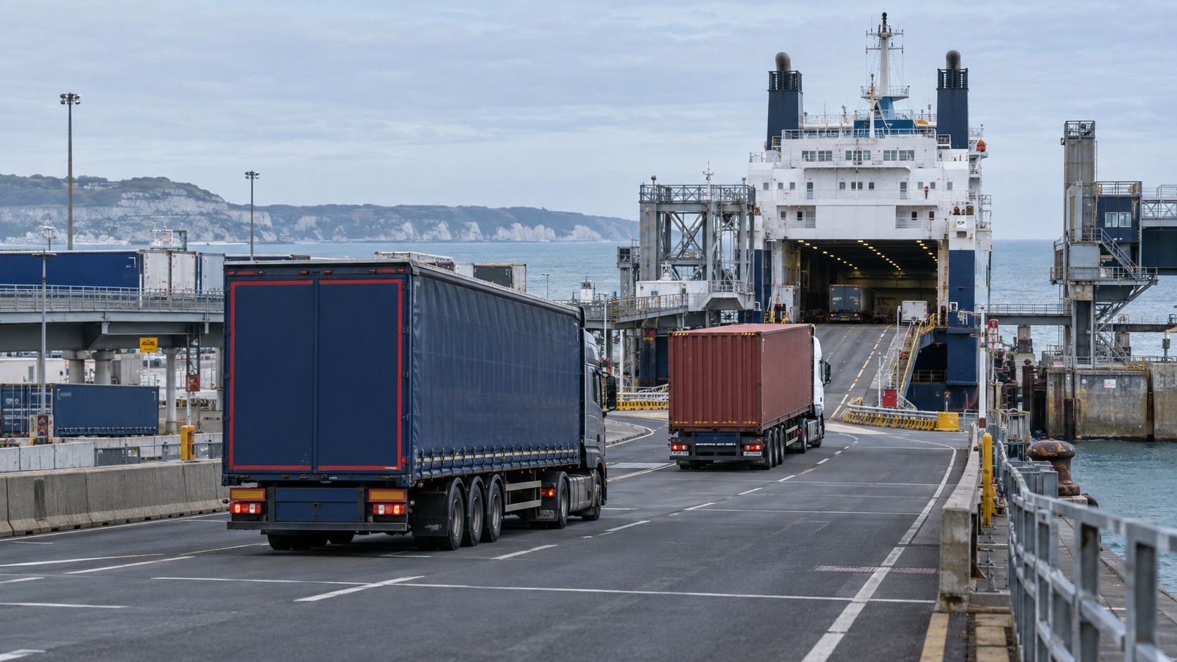 KI-generierte Darstellung eines britischen Fährhafens mit Lkw-Spuren und Frachtschiff