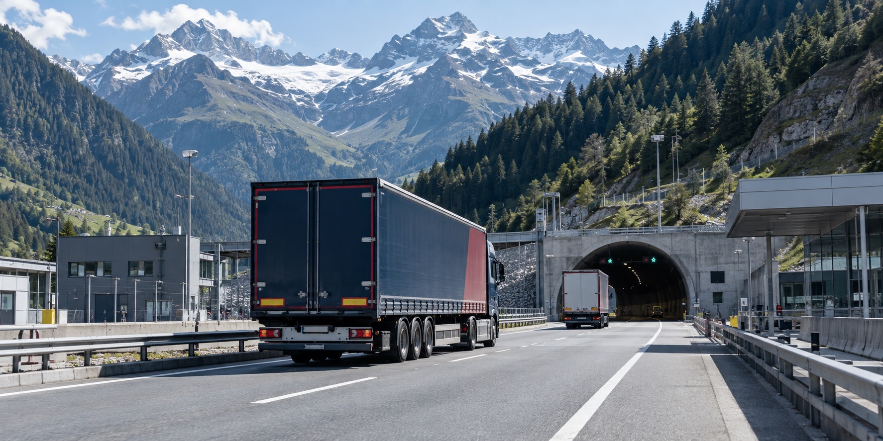 KI-generierte Darstellung von Lkw im Schweizer Alpenraum auf dem Weg zu einem Frachttunnel