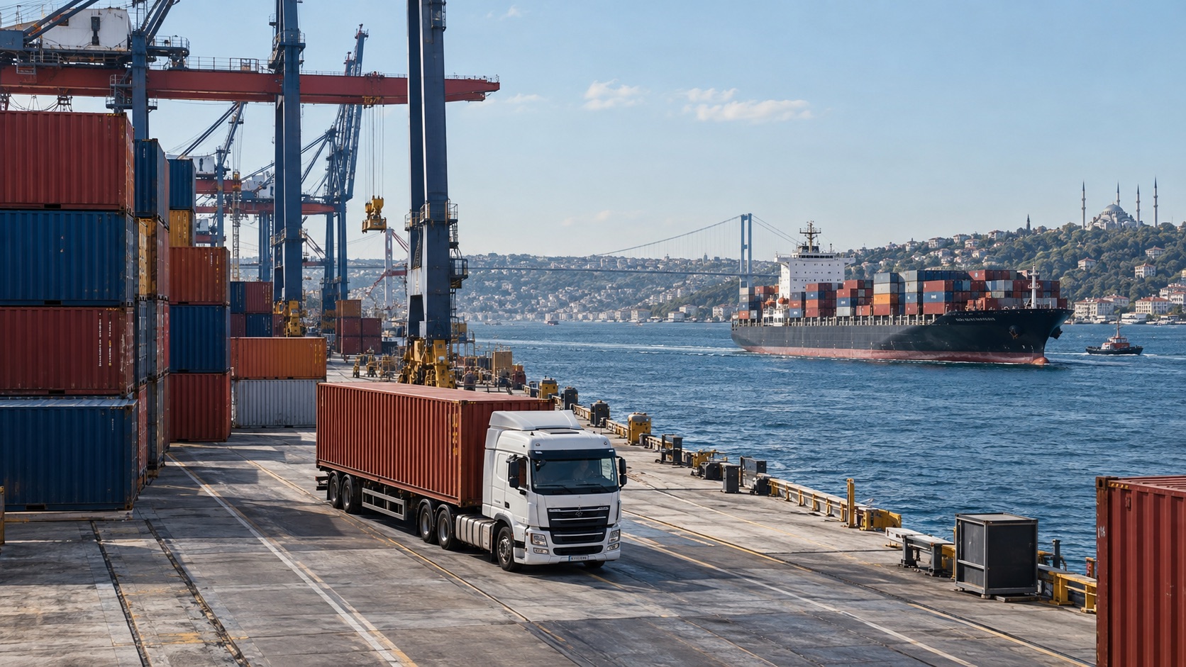 KI-generierte Darstellung einer Frachtabwicklung an einem Hafen am Bosporus mit Lkw und Containern