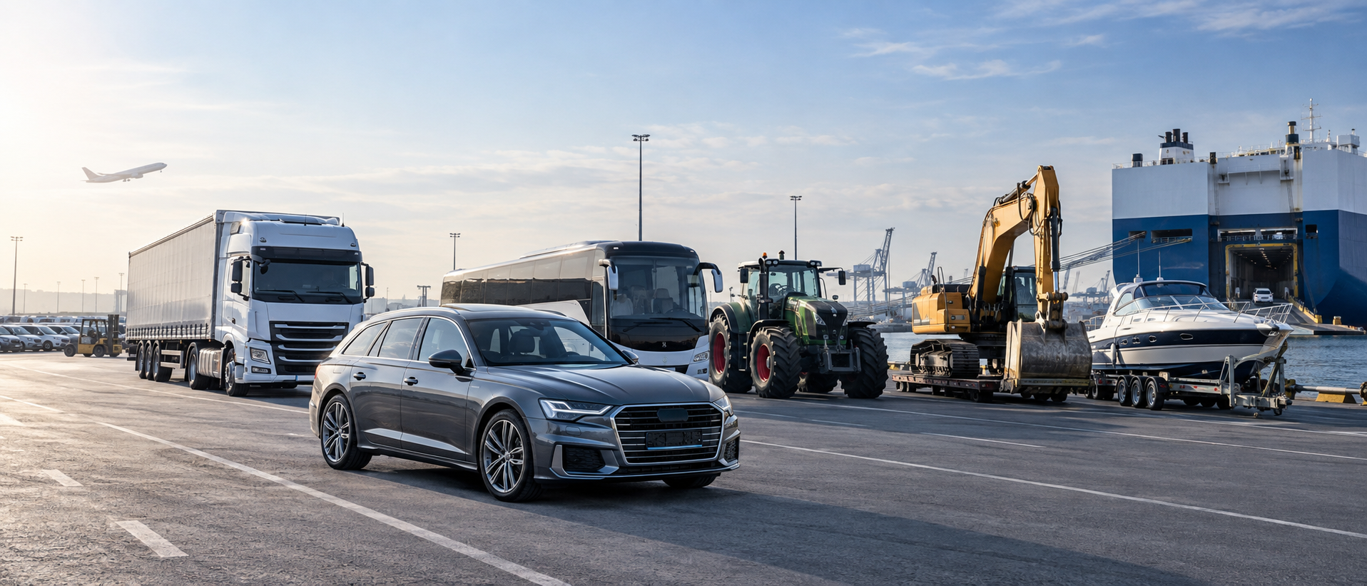 PKW, LKW, Reisebus, Traktor, Baumaschine und Motorboot in einem Exportterminal mit Frachtflugzeug und Autotransportschiff