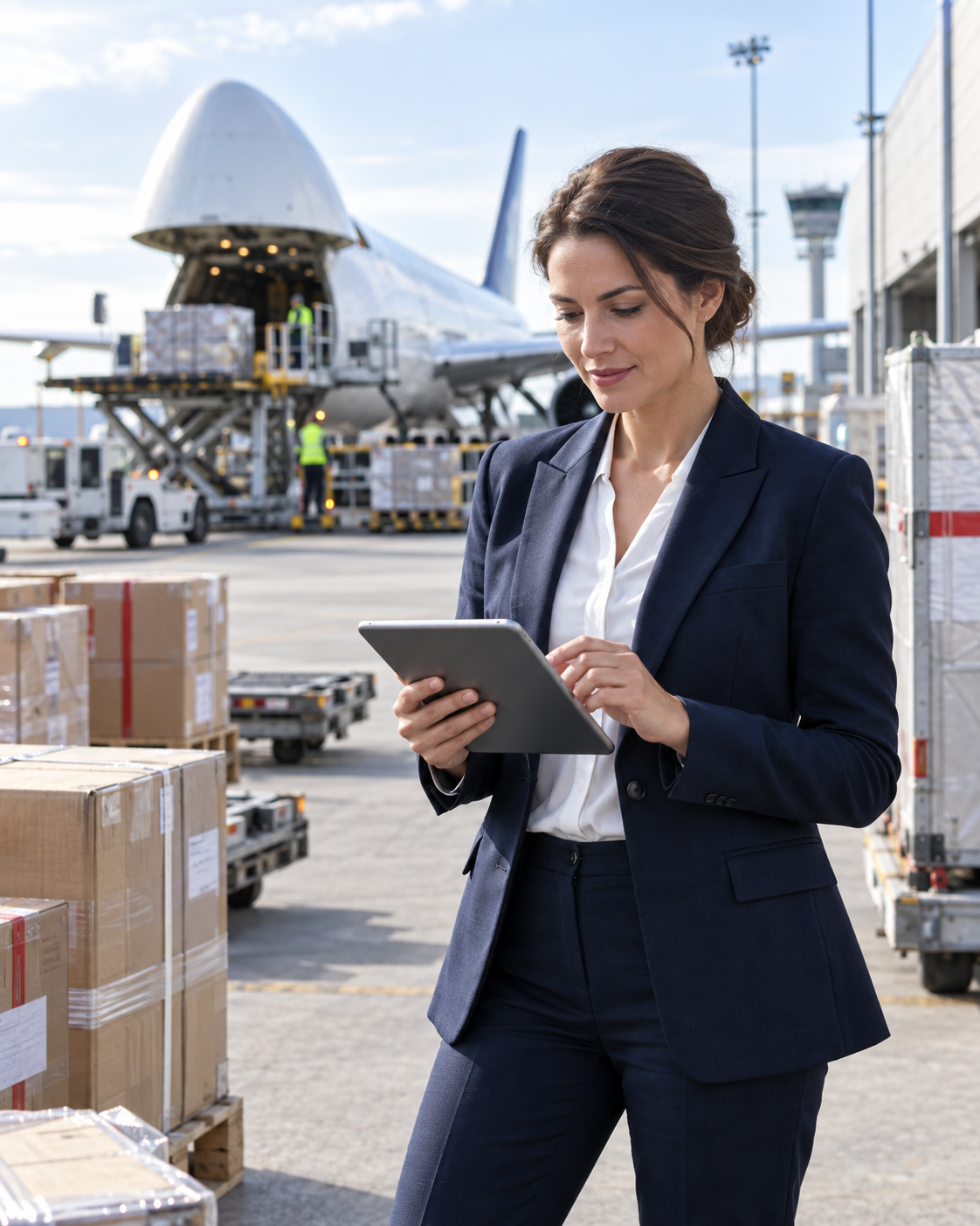 Illustration einer Exportfachkraft am Luftfrachtterminal