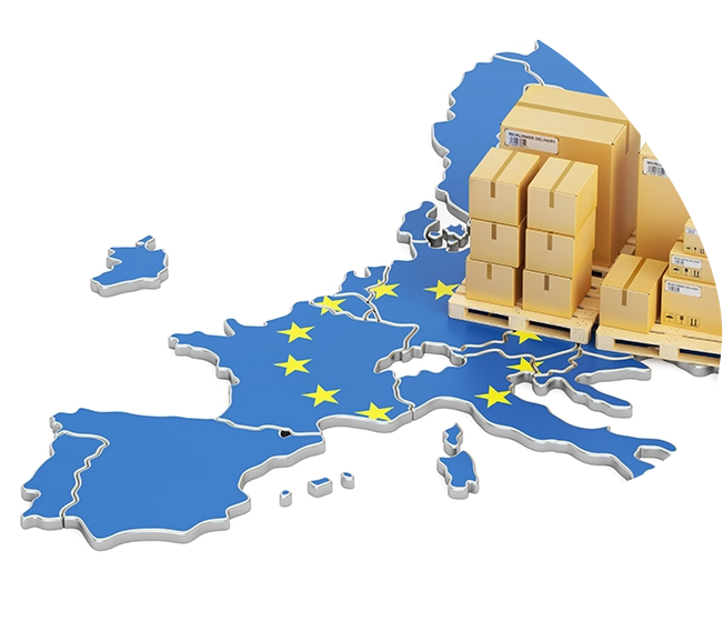 Euro-Paletten mit Gütern auf einer Karte der EU